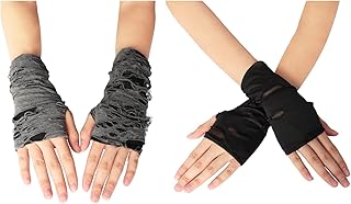 Women's Black Ripped Punk Fingerless Gloves, 2 Pairs