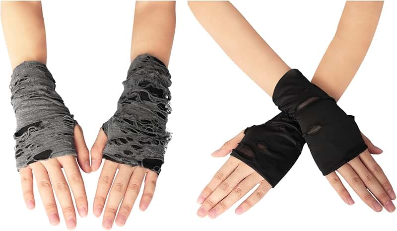 Women's Black Ripped Punk Fingerless Gloves, 2 Pairs