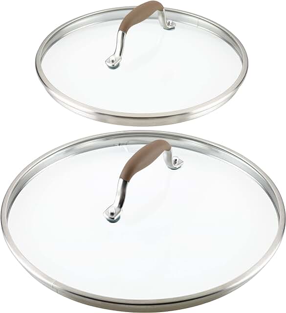 Two-piece 10 and 12 inch glass lid set with stainless steel and silicone handles