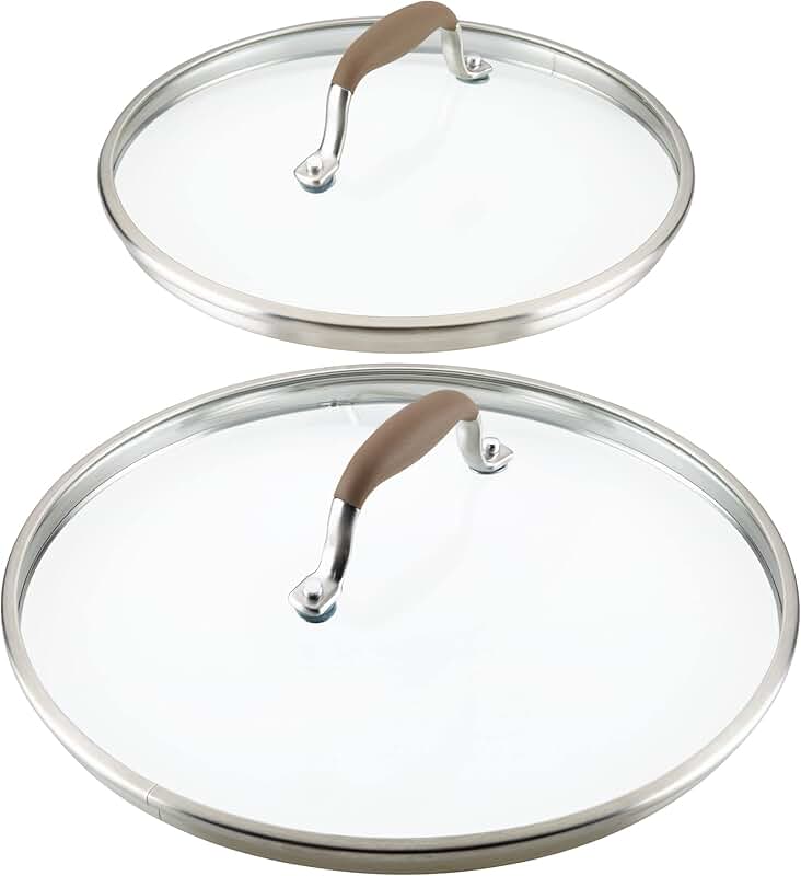 Two-piece 10 and 12 inch glass lid set with stainless steel and silicone handles