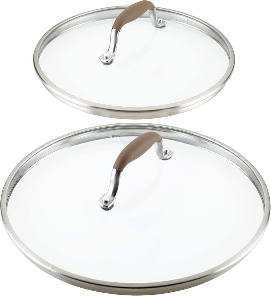 Two-piece 10 and 12 inch glass lid set with stainless steel and silicone handles