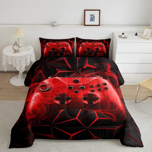Gaming Comforter Set Kids Gamer Video Games Comforter for Boys Teens Modern Game Controller Bedding Set Breathable Red Gamer Console Duvet Set Room Decor Twin Size