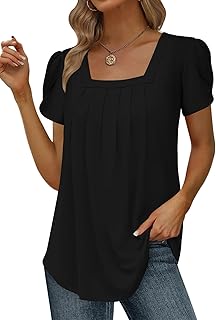Women's Summer Pleated Square Neck Short Sleeve Blouse