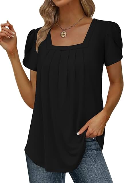Women's Summer Pleated Square Neck Short Sleeve Blouse