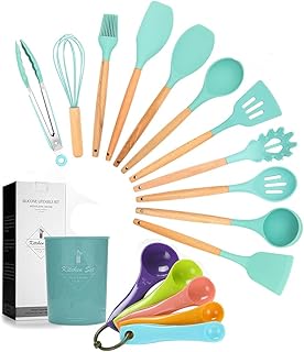 17-Piece Silicone Utensil Set with Wooden Handles