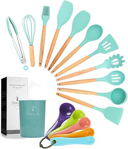 17-Piece Silicone Utensil Set with Wooden Handles