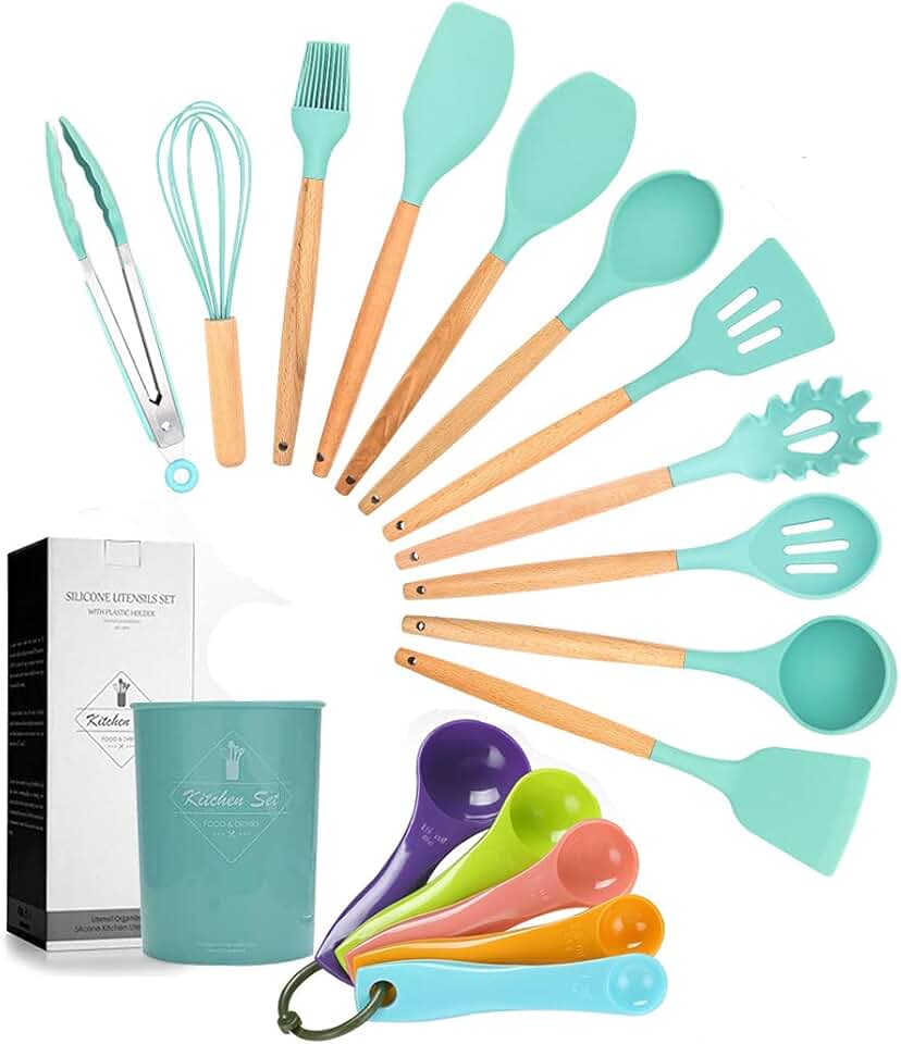 17-Piece Silicone Utensil Set with Wooden Handles