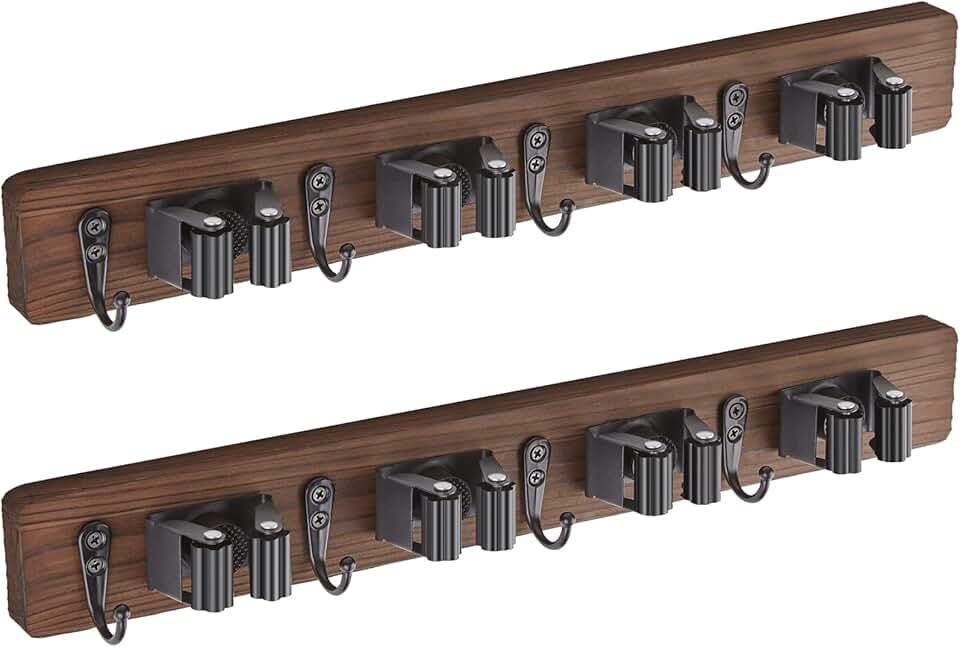 Wall Mount Mop and Broom Holder with Hooks