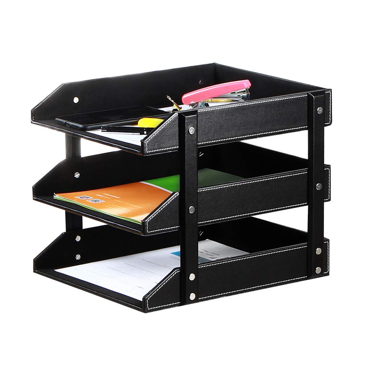 Stackable 3-Tier Leather Desk File Tray