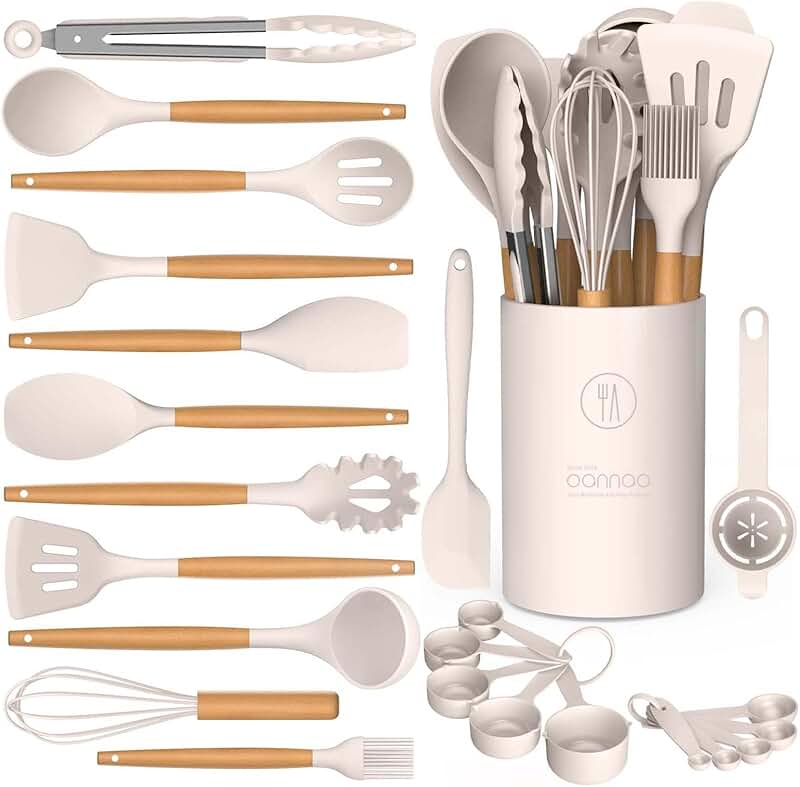 13-Piece Silicone Kitchen Utensil Set with Wooden Handles