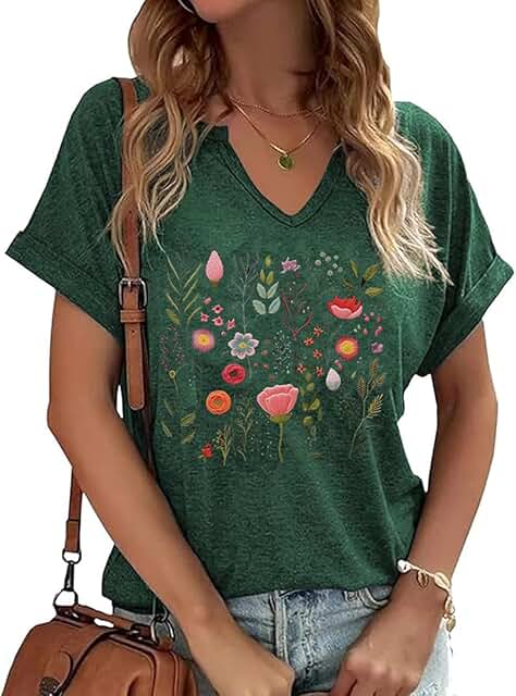 Women's Vintage Floral V-Neck Short Sleeve Shirt