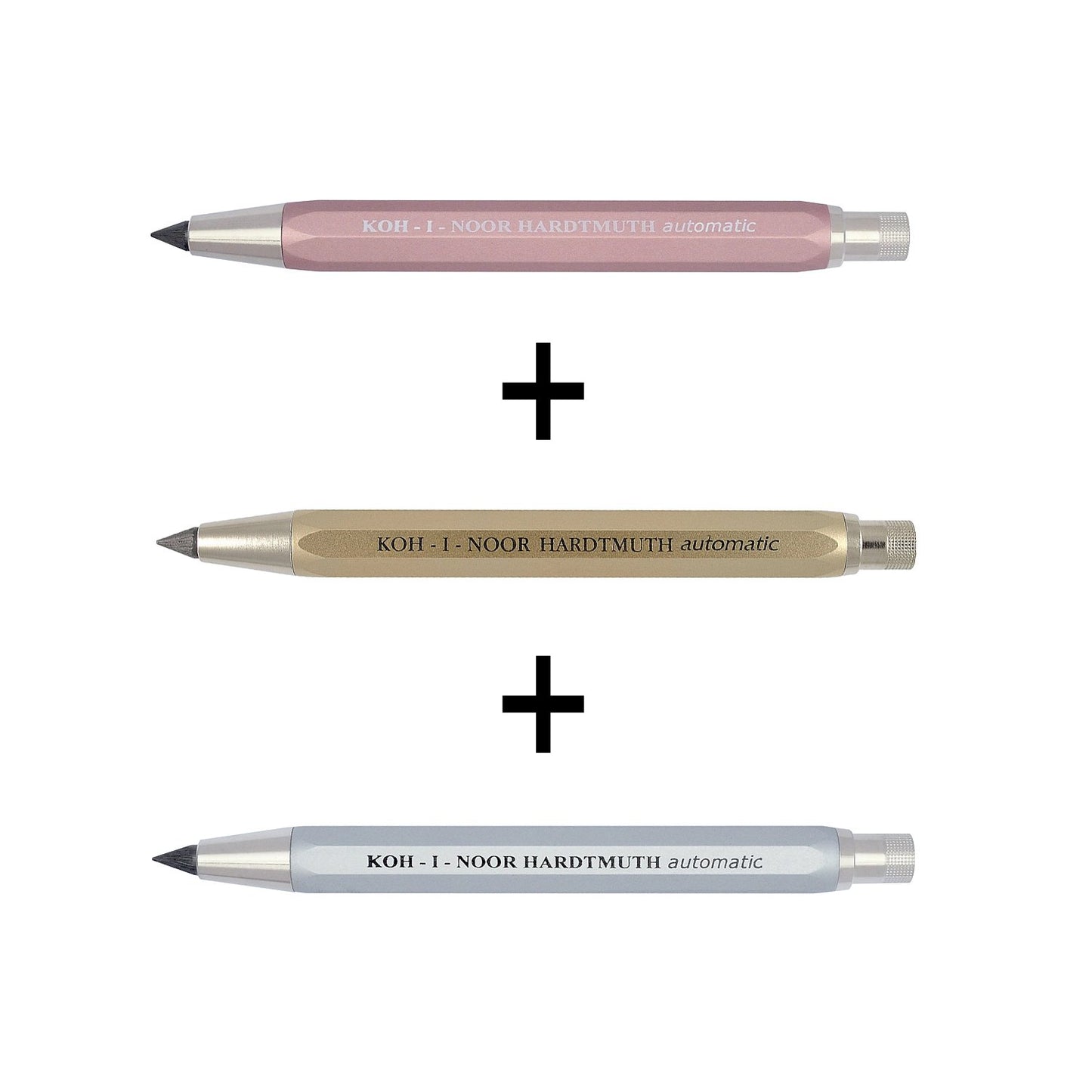 Set of 3 metal mechanical pencils with sharpeners