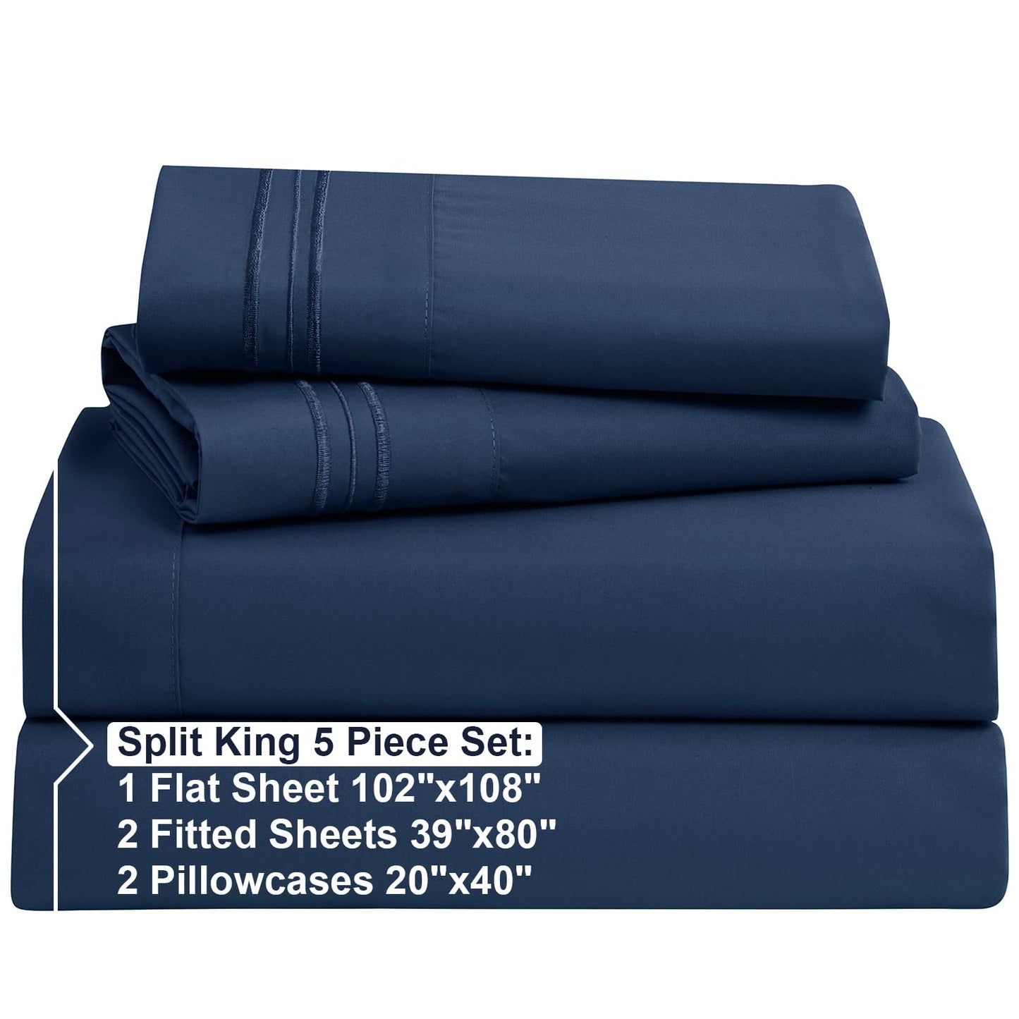 Split King Sheets Sets for Adjustable Bed  5 Piece Split King Sheet Set, Double Brushed Split King Sheets, Hotel Navy Blue Sheets, Extra Soft Bedding Sheets  Pillowcases