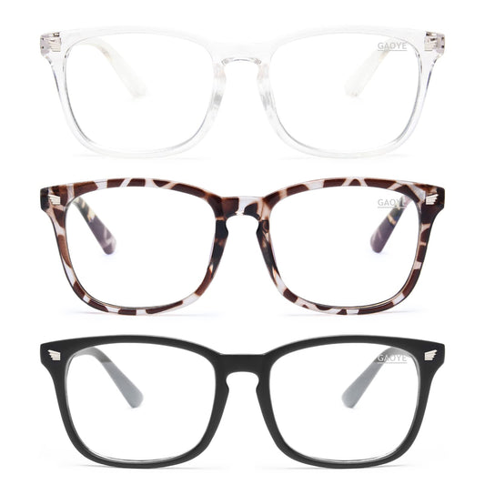 Blue Light Blocking Glasses - 3 Pack Fashion Square Fake Eyeglasses, Anti UV Ray Computer Gaming Glasses, Blue Blocker Glasses for Women/Men (, Matte Black+Leopard+Transparent)