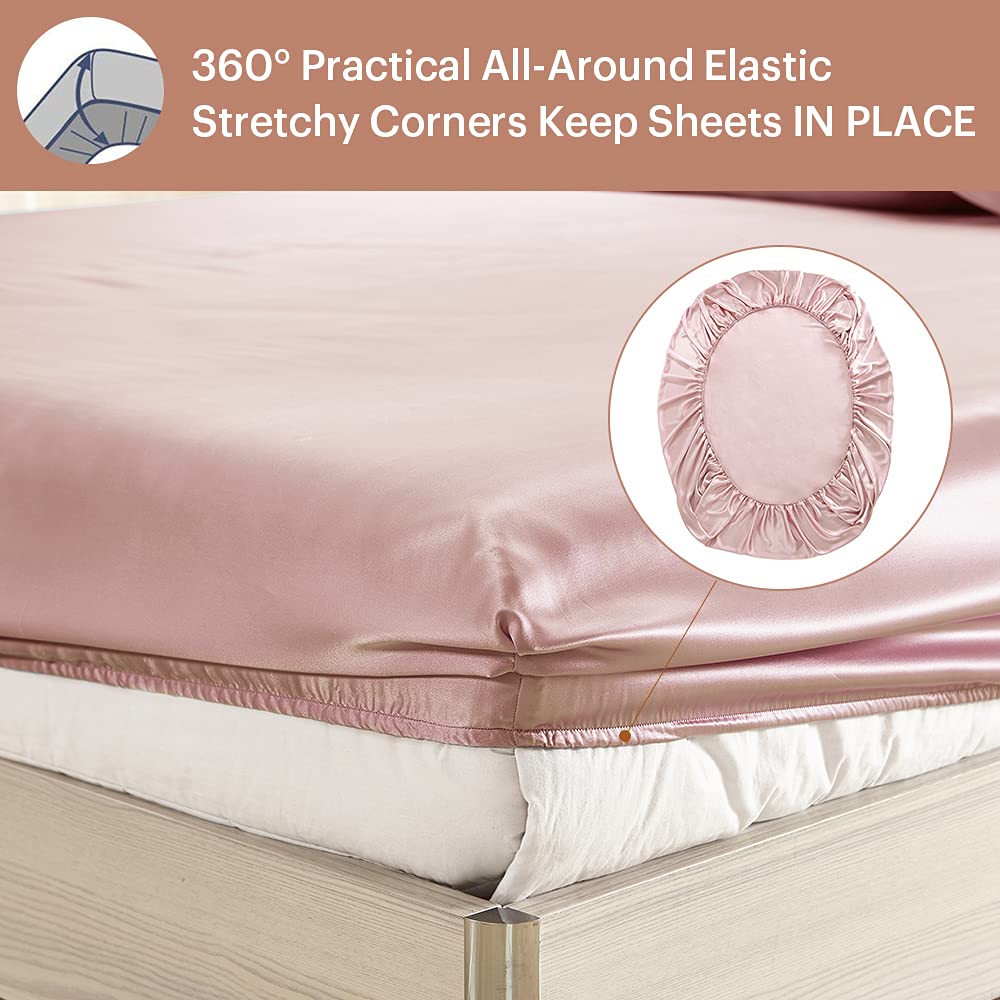 Silk Fitted Sheet, 19 Momme Grade 6A 100% Mu erry Silk, 16'' Deep Pocket, Soft Silk Bottom Sheet, Rosy Pink, King Size