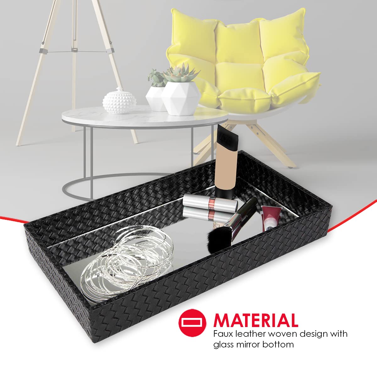 Decorative Leather Bath Vanity Tray with Mirror, Black