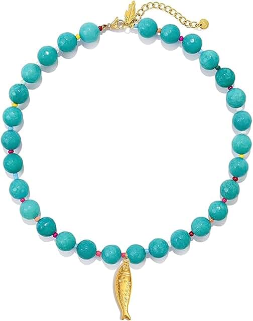 Adjustable Boho Fish Pendant Necklace with Crystals and Beads