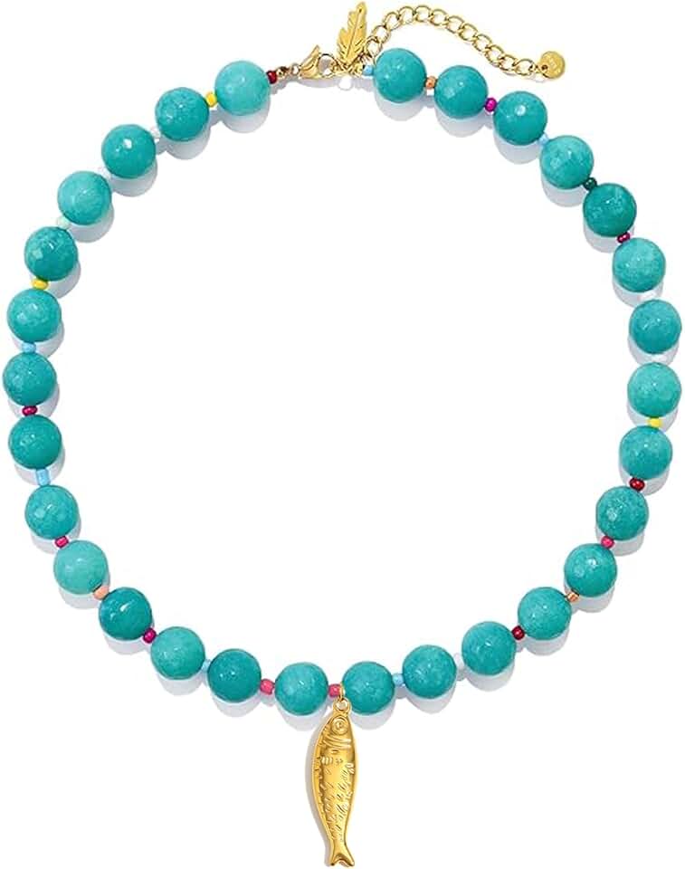 Adjustable Boho Fish Pendant Necklace with Crystals and Beads