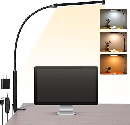 LED Desk Lamp with Clamp, 3 Brightness Modes, Flexible Gooseneck