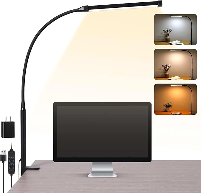 LED Desk Lamp with Clamp, 3 Brightness Modes, Flexible Gooseneck
