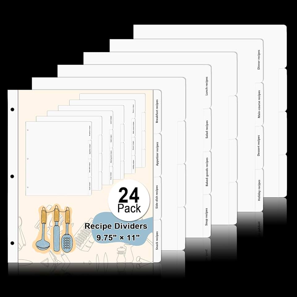 Set of 24 black recipe dividers for 3-ring binders