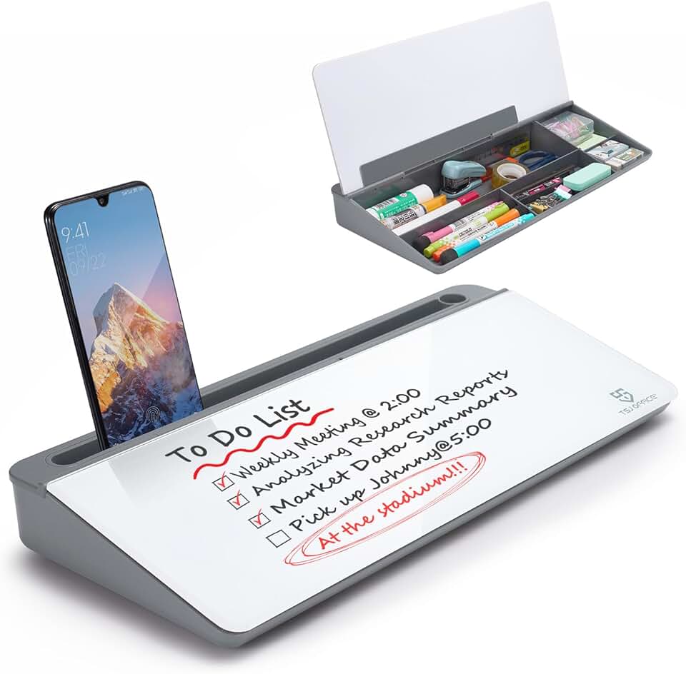 Small Desktop Glass Whiteboard with Drawer and Accessories