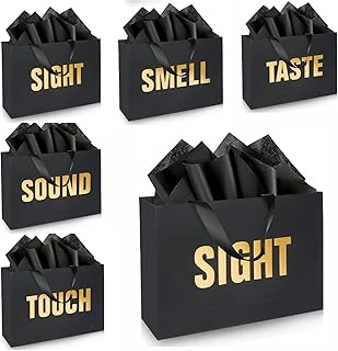 Gold foil gift bags with labels, envelopes, and cards
