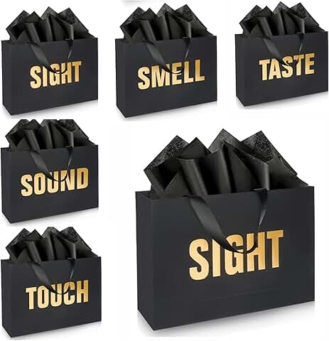Gold foil gift bags with labels, envelopes, and cards