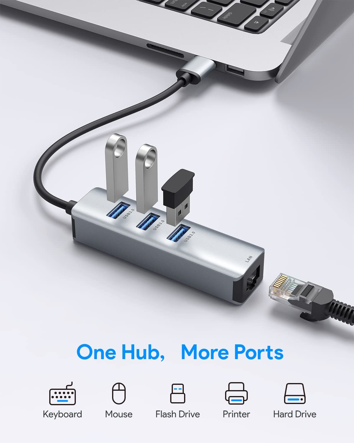 USB 3.0 to Ethernet Adapter, 3-Port USB 3.0 Hub with RJ45 10/100/1000 Gigabit Ethernet Adapter Support Windows 10,8.1,Mac OS, Surface Pro,Linux,Chromebook and More