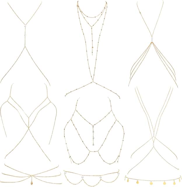Set of nine gold body chain jewelry for women