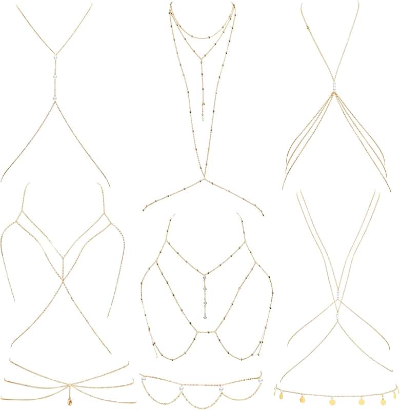 Set of nine gold body chain jewelry for women