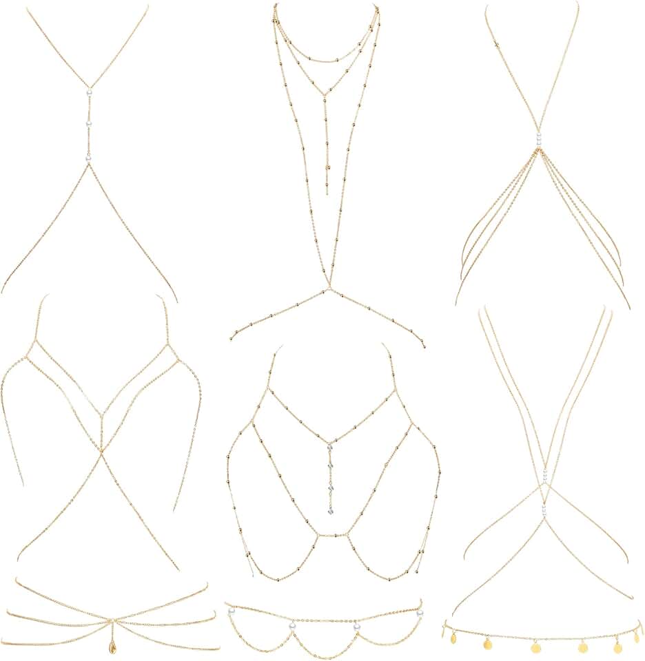 Set of nine gold body chain jewelry for women