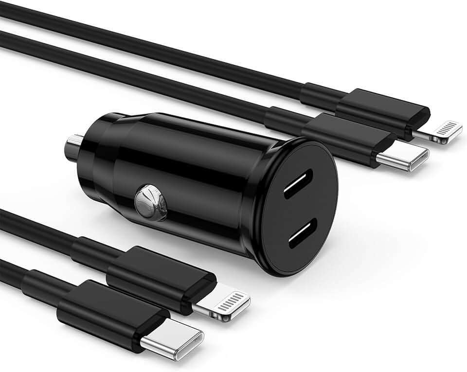 Fast Dual USB C Car Charger with Lightning Cable