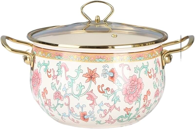 Pink enamel soup pot with lid, large capacity