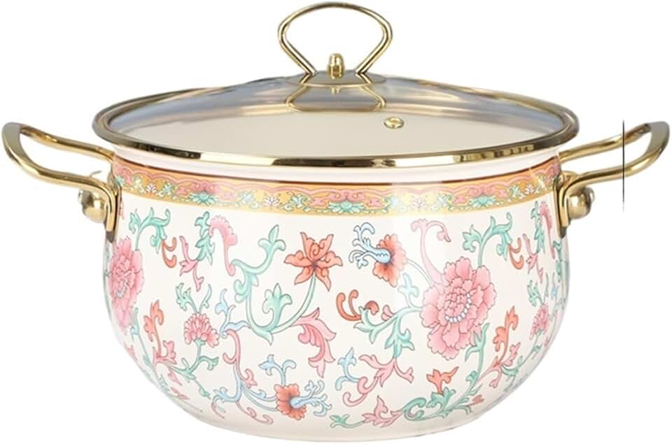Pink enamel soup pot with lid, large capacity