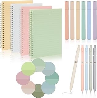 Set of four college ruled spiral notebooks with pens and sticky notes