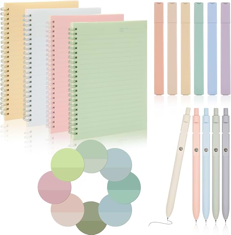 Set of four college ruled spiral notebooks with pens and sticky notes