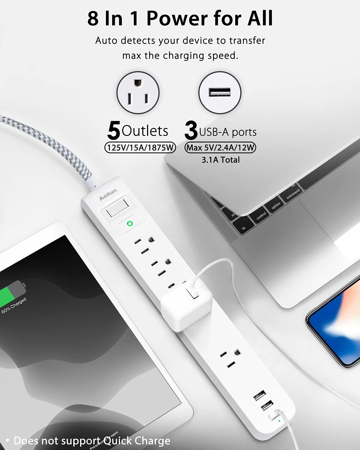 Surge Protector Power Strip - 10 FT Long Extension Cord with 5 Widely AC Outlets 3 USB Ports, Power Strip Long Cord, Flat Plug with Overload Surge Protection for Home, Office, Dorm Essentials (2 Pack)