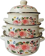 Set of 3 Flower Pattern Enamel Soup Pots
