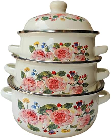 Set of 3 Flower Pattern Enamel Soup Pots
