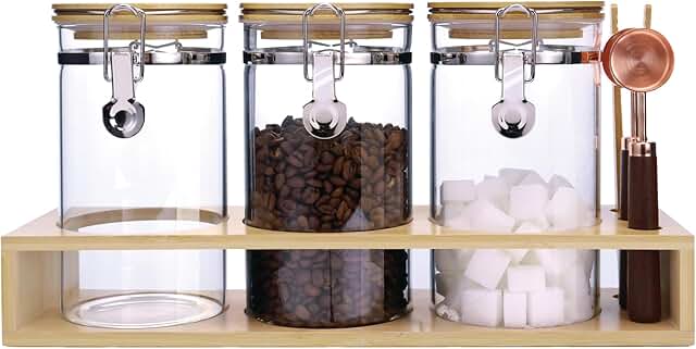 Set of 3 Airtight Glass Coffee and Tea Storage Jars with Bamboo Shelf