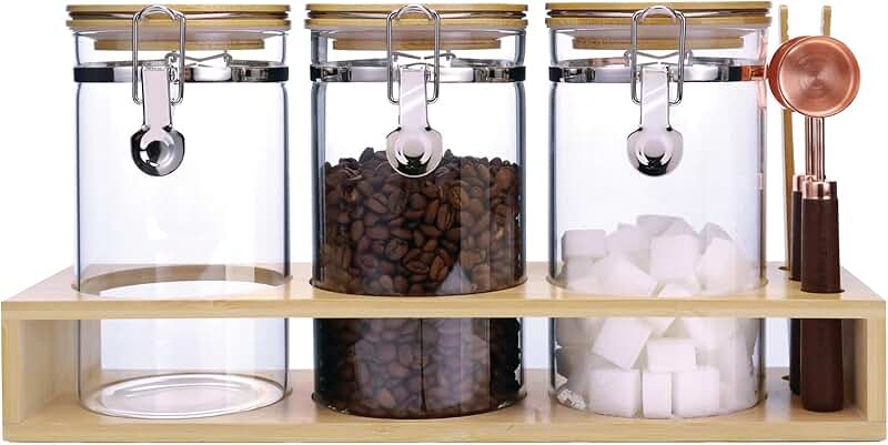 Set of 3 Airtight Glass Coffee and Tea Storage Jars with Bamboo Shelf