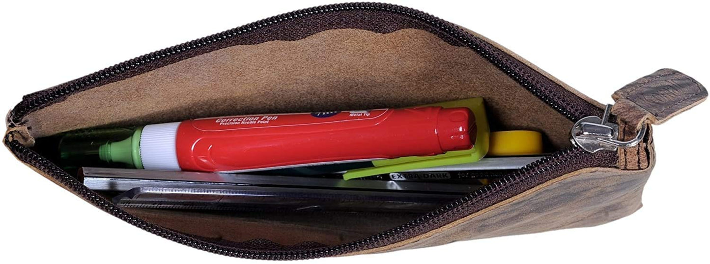 Leather zippered pencil case for artists and office use