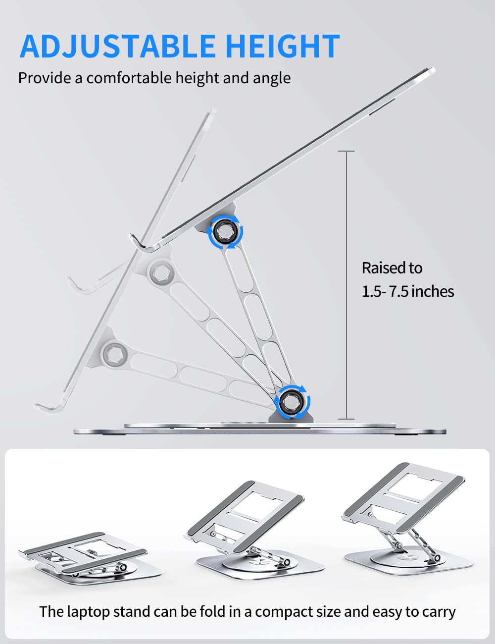 Adjustable Laptop Stand with 360 Rotating Base, Computer Stand for Laptop Ergonimic Foldable Laptop Riser for Desk Compatible with MacBook Pro/Air Notebook up to 16 Inches, Silver