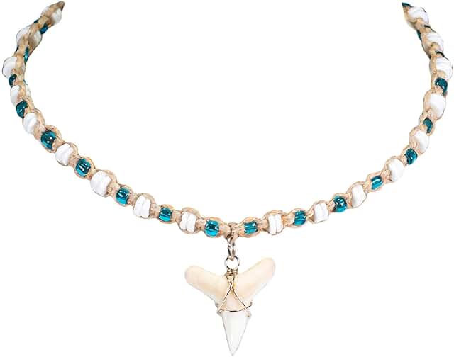 Hemp Choker Necklace with Shark Tooth and Puka Shell Beads