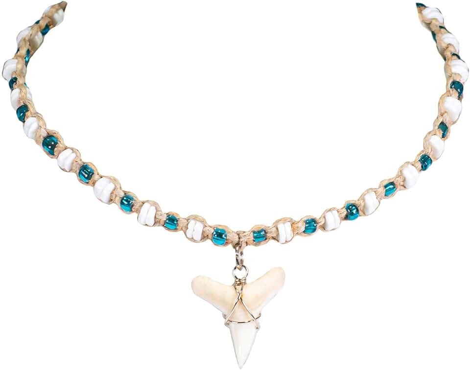 Hemp Choker Necklace with Shark Tooth and Puka Shell Beads