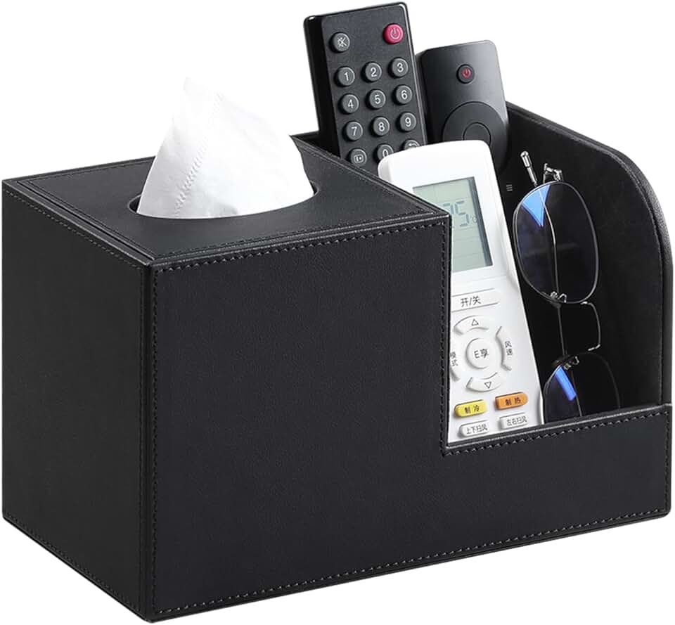 Square PU Leather Tissue Box Cover with Remote Holder