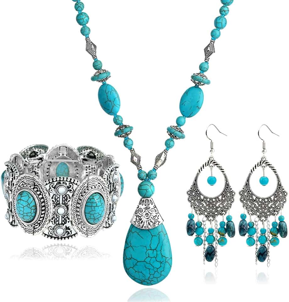 Bohemian Turquoise Necklace Set with Earrings and Bracelets
