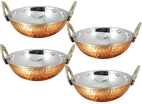 Set of 4 copper and stainless steel bowls with brass handles