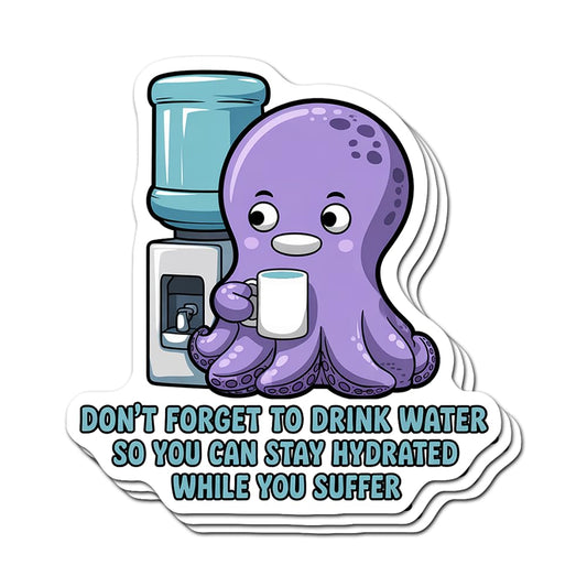 Set of three funny water reminder stickers, cute octopus design, waterproof vinyl decals for bottles and laptops